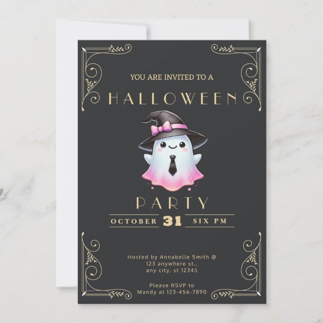 Chalkboard Black & Gold Pink White Ghost Halloween Invitation (Front)