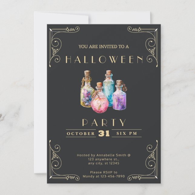 Chalkboard Black & Gold Potions Halloween Invitation (Front)