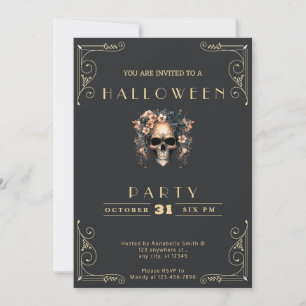 Chalkboard Black & Gold Skull & Flowers Halloween Invitation