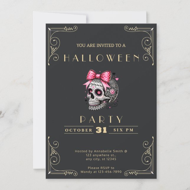 Chalkboard Black & Gold Skull Pink Bow Halloween Invitation (Front)