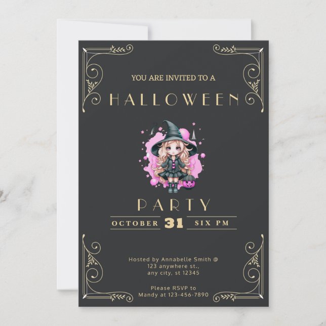 Chalkboard Black & Gold Witch Pumpkin Halloween Invitation (Front)