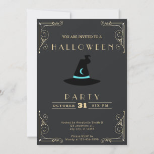 Chalkboard Black & Gold Witches Hat Moon Halloween Invitation