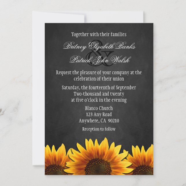 Chalkboard Black Sunflower Wedding Invitations (Back)