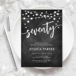 Chalkboard Black White 70th Birthday Party Invitation<br><div class="desc">70th Birthday Party Invitation. Elegant black and white design with chalkboard pattern. Classy modern invite card featuring fairy string lights and script font. Perfect for a stylish seventieth bday celebration. Personalize with your own details. Can be customised for any age! Printed Zazzle invitations or instant download digital printable template.</div>