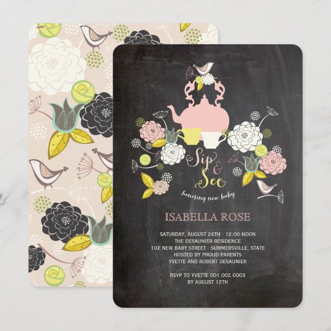 Chalkboard Blooms & Birds Sip And See Baby Shower Invitation (Front/Back)