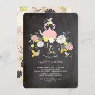 Chalkboard Blooms & Birds Sip And See Baby Shower Invitation