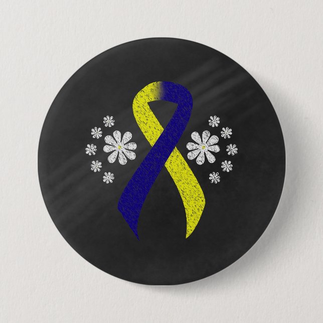 Chalkboard Blue and Yellow Awareness Ribbon 3 Inch Round Button (Front)