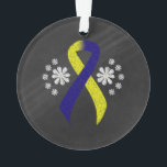Chalkboard Blue and Yellow Awareness Ribbon Ornament<br><div class="desc">Blue and yellow ribbon with flowers in a chalkboard style. The blue and yellow ribbon stands for Designated Driver Awareness and Down Syndrome Awareness. October is Down Syndrome Awareness Month.</div>