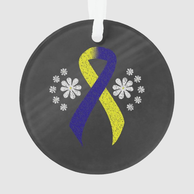 Chalkboard Blue and Yellow Awareness Ribbon Ornament (Back)