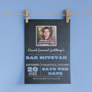 Chalkboard Blue Bar Mitzvah Photo Save the Date Announcement Postcard