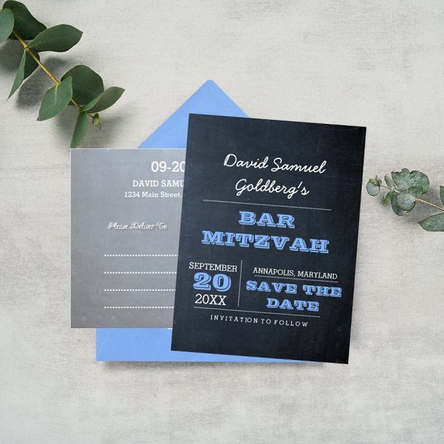 Chalkboard Blue Bar Mitzvah Save the Date Announcement Postcard (Creator Uploaded)