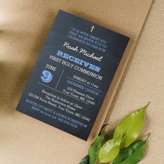 Chalkboard Blue First Communion Invitation (Creator Uploaded)