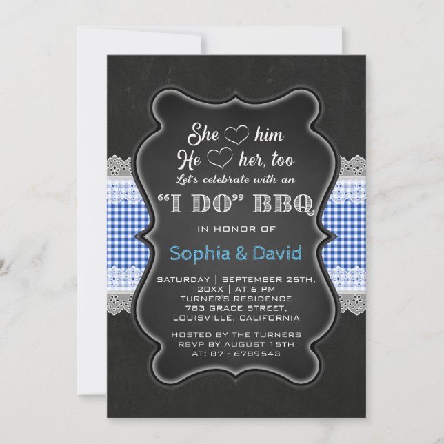 Chalkboard Blue Gingham Lace I DO BBQ Engagement Invitation (Front)