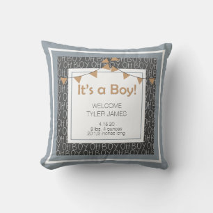 Chalkboard Blue Grey and Tan Newborn Keepsake Throw Pillow
