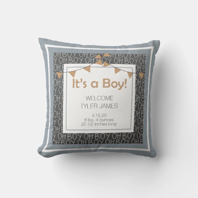 Chalkboard Blue Grey and Tan Newborn Keepsake Throw Pillow (Front)