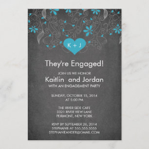 Chalkboard Blue Heart with Flower Engagement Party Invitation