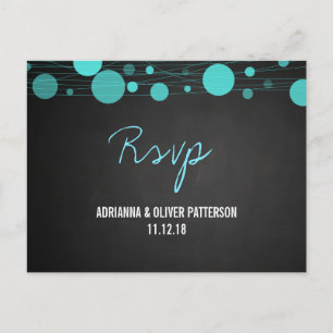 Chalkboard Blue Lanterns Rustic Wedding RSVP Invitation Postcard
