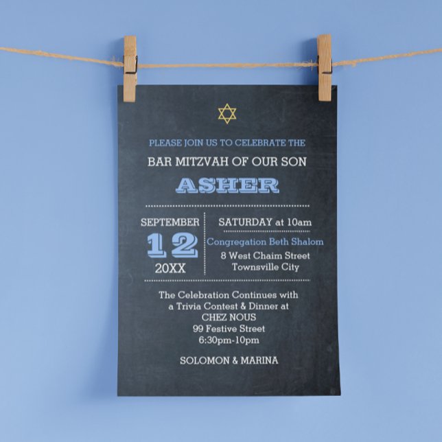 Chalkboard Blue Large Name Aligned Bar Mitzvah Invitation (Creator Uploaded)