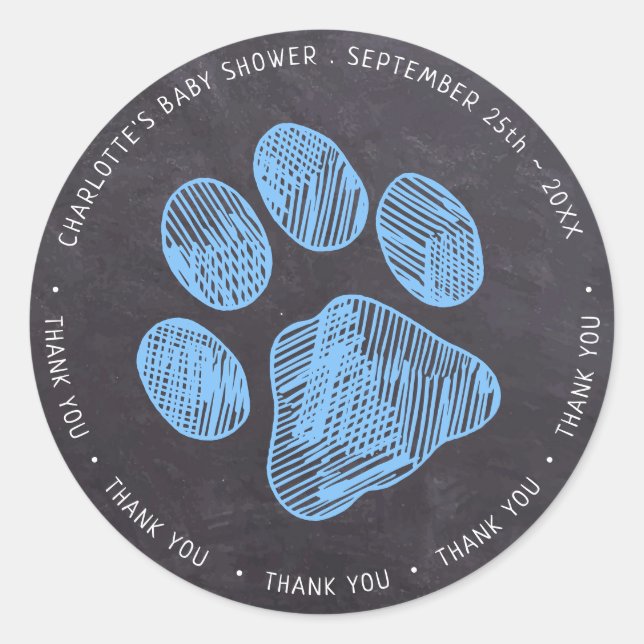 Chalkboard Blue Paw Print Baby Shower Thank You Classic Round Sticker (Front)