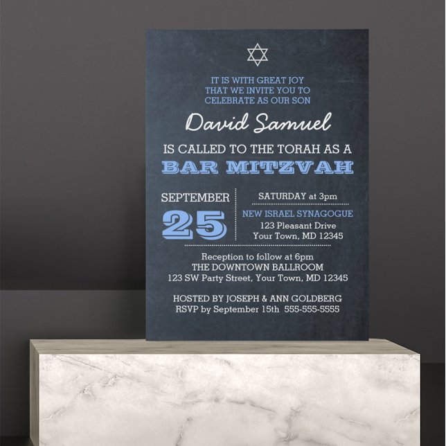 Chalkboard Blue Silver Star of David Bar Mitzvah Invitation (Creator Uploaded)