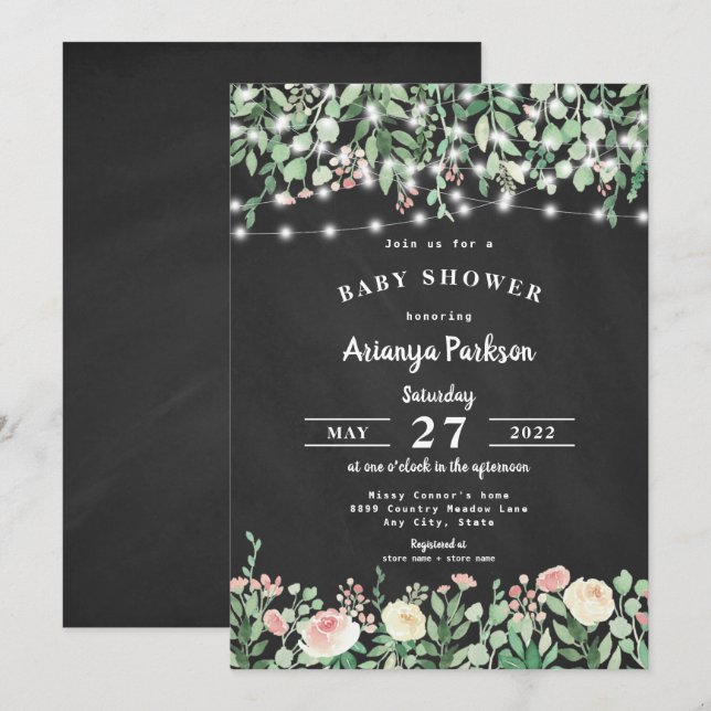 Chalkboard Blush Floral Lights Baby Shower Invitation (Front/Back)