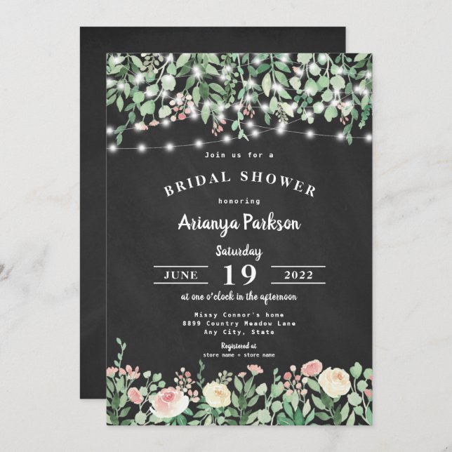 Chalkboard Blush Floral Lights Bridal Shower Invitation (Front/Back)