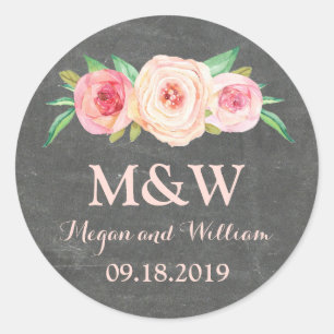 Chalkboard Blush Pink Floral Monogram Wedding Classic Round Sticker