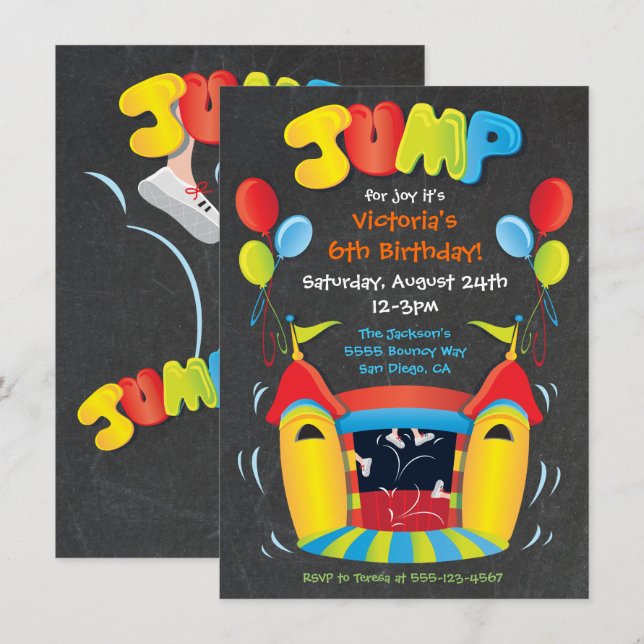 Chalkboard Bounce House Invitation de la fête du j (Devant / Derrière)