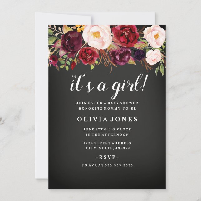 Chalkboard Bourgogne Floral Baby shower Invitation (Devant)