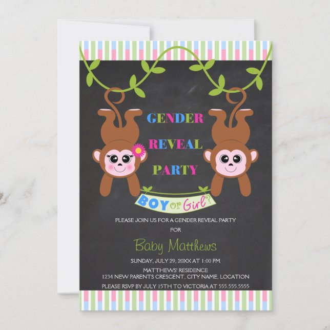Chalkboard Boy or Girl Monkey Gender Reveal Party Invitation (Front)