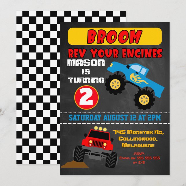 Chalkboard boys monster trucks birthday invitation (Front/Back)