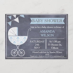 Chalkboard Boys Pram Baby Shower Invitation