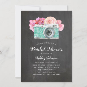 Chalkboard bridal shower. Pink flowers and camera Invitation