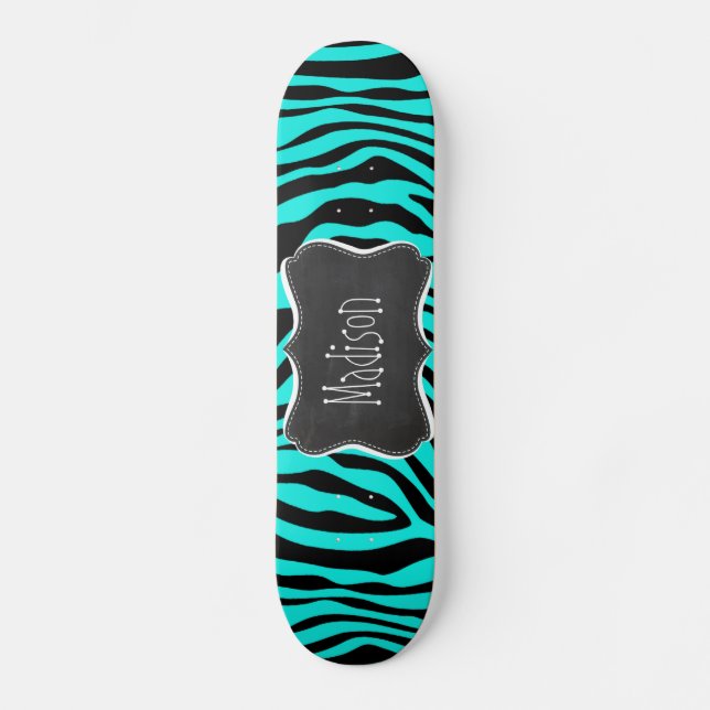 Chalkboard; Bright Turquoise Zebra Animal Print Skateboard (Front)