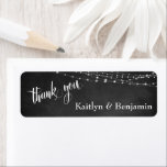 Chalkboard, Bright White Light Strings Thank You<br><div class="desc">This sophisticated but rustic thank you design is perfect for a casual wedding. With a subtly-scratched chalkboard background and string of twinkling white light accents, I've combined an elegant script font from my collection to render graphic depicting the words "thank you". Your personal details are easily added for customizing this...</div>