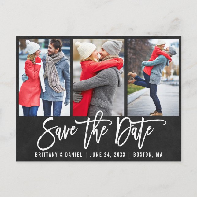 Chalkboard Brush Script 3 Photo Save The Date Postcard (Front)