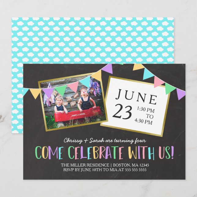 Chalkboard Bunting Banner Photo Birthday Party Invitation (Front/Back)