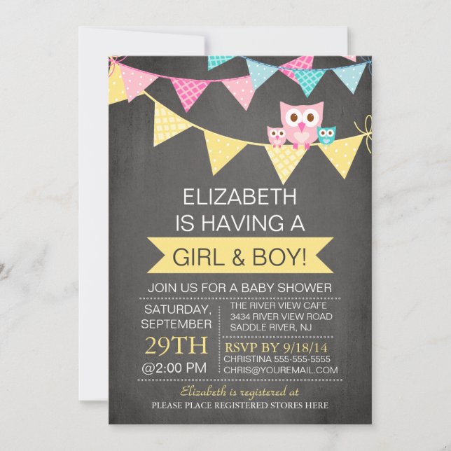 Chalkboard Bunting Owl TWINS GIRL BOY Baby Shower Invitation (Front)