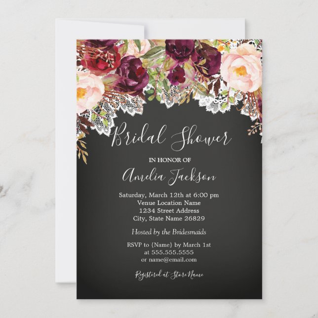 Chalkboard Burgundy Floral Lace Bridal Shower Invitation (Front)