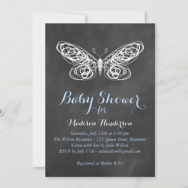 Chalkboard Butterfly Baby Shower Invitation - blue (Front)
