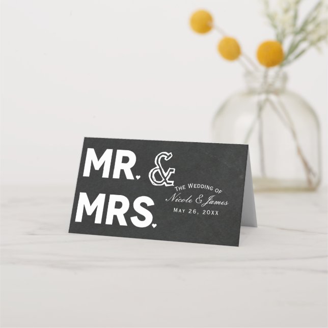 Chalkboard Chalk Mr. & Mrs. Wedding Table Seating Place Card (Front)