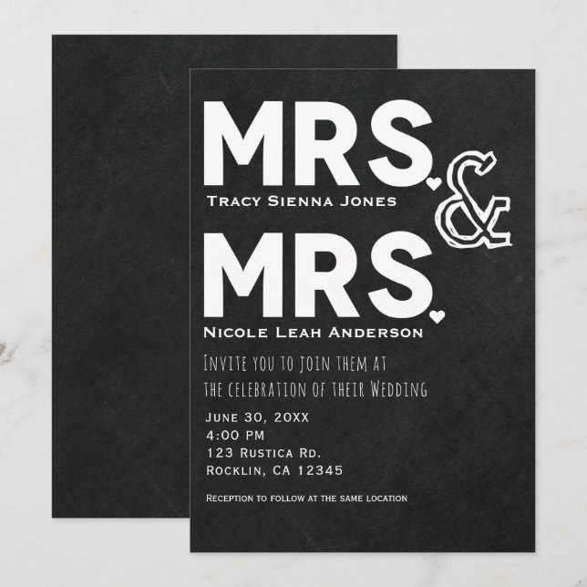Chalkboard Chalk Mrs. & Mrs. Wedding Engagement Invitation (Front/Back)