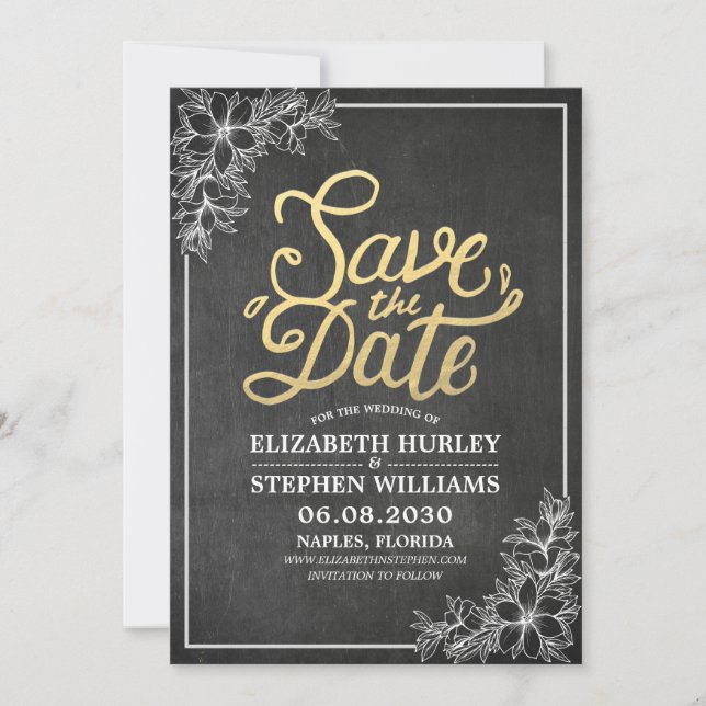 Chalkboard Chic Floral Frame Wedding Save The Date (Front)