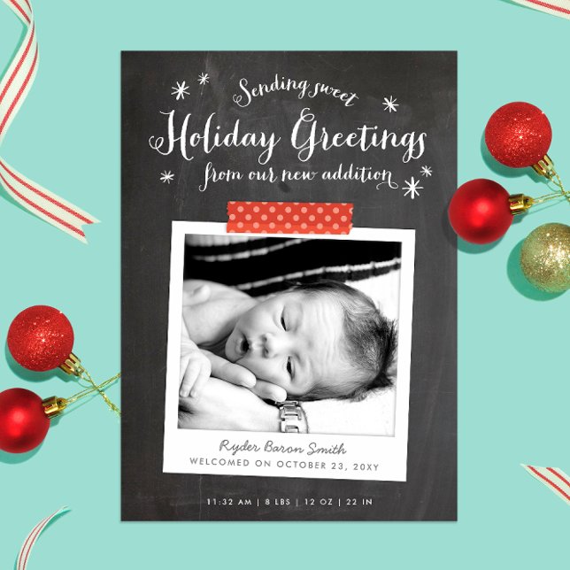 Chalkboard Christmas Baby Announcement (Chalkboard and whimsical lettering with Washi tape detail instant photo Christmas baby announcement)