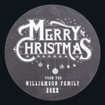 Chalkboard Christmas Black White Personalized Classic Round Sticker<br><div class="desc">Black chalkboard background and vintage Merry Christmas text is surrounded by holly and snowflakes. A row of ornaments hangs from Christmas. The ornaments are shaped as a snowflake, candy cane and traditional ornaments. Your family name and the year is placed below. Country or vintage theme wrapping and Christmas card mailings....</div>