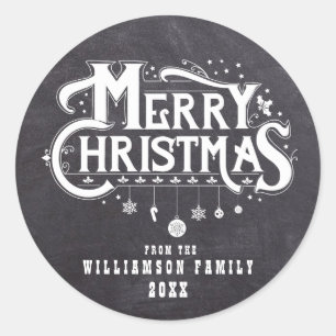 Chalkboard Christmas Black White Personalized Classic Round Sticker