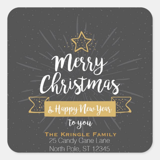 Chalkboard Christmas Happy New Year Family Address Square Sticker (Front)