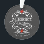 Chalkboard Christmas Holly Family Photo Ornament<br><div class="desc">Elegant Merry Christmas photo ornaments. Frosty white holly wreath with red poinsettia, and fancy retro letterpress style decorative typography. Add your favourite family, baby, kids, or pet photos. Change the text for to create a unique personalized keepsake memento to hang on your tree and enjoy for years to come, or...</div>