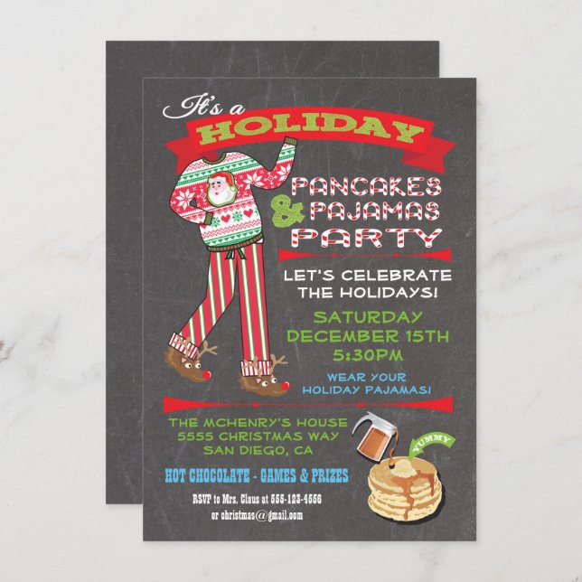 Chalkboard Christmas Pancakes & Pyjamas Party Invitation (Front/Back)