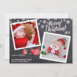 Chalkboard Christmas Photo Collage Elf Snowflakes Holiday Card<br><div class="desc">2 photo collage, Watercolor original fun art with fun elves, teacup and snowflakes card created just for you. Merry Christmas calligraphy script. Celebrate the Merry Holiday season and spread Joy and warmness with this fun Watercolor card. Personalize it with your own text and photos. Black chalkboard background with white snowflakes....</div>